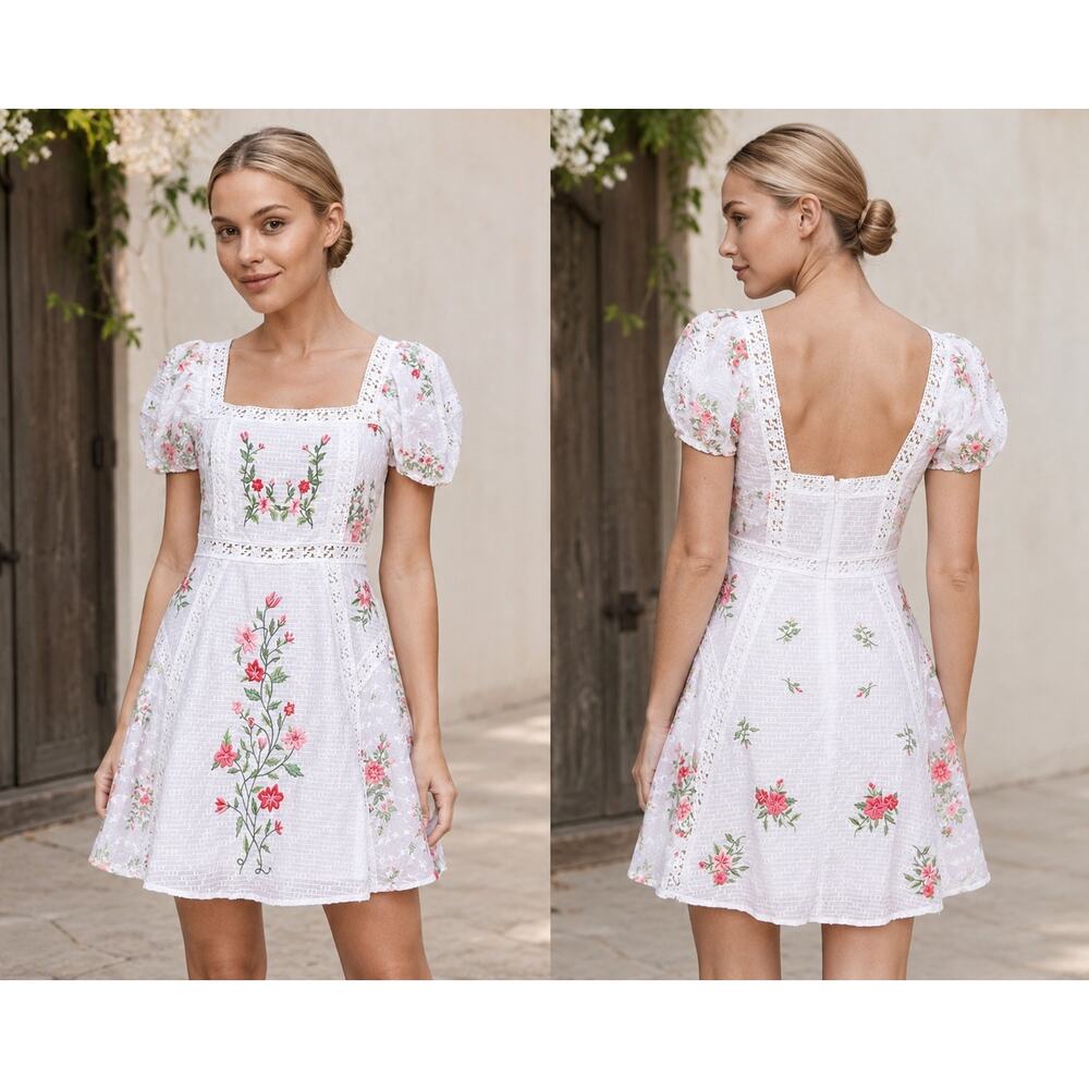 Altar'd State Embroidered Cotton Mini Dress Puff Sleeve Romantic Small NWOT - Picture 2 of 11